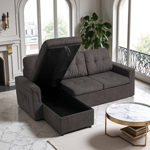 English Elm Upholstered L-Shaped Sleeper Sofa with Reversible Storage, Pull-Out Bed & Breathable Flannel Finish W3138S00001