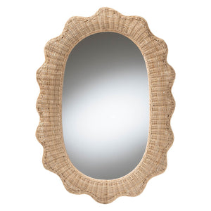 Baxton Studio bali Makoto Scalloped Rattan Wall Mirror - Handwoven Oval Frame, Boho Coastal Decor for Home Spaces WS125-Natural Rattan-Mirror