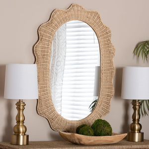 Baxton Studio bali Makoto Scalloped Rattan Wall Mirror - Handwoven Oval Frame, Boho Coastal Decor for Home Spaces WS125-Natural Rattan-Mirror