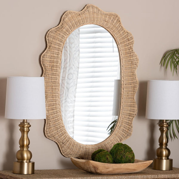 Baxton Studio bali Makoto Scalloped Rattan Wall Mirror - Handwoven Oval Frame, Boho Coastal Decor for Home Spaces WS125-Natural Rattan-Mirror