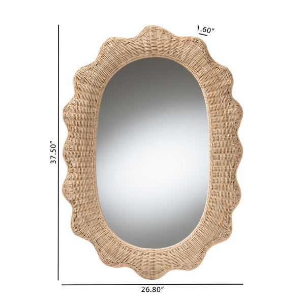 Baxton Studio bali Makoto Scalloped Rattan Wall Mirror - Handwoven Oval Frame, Boho Coastal Decor for Home Spaces WS125-Natural Rattan-Mirror