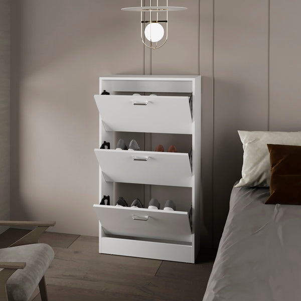 English Elm White Slim Shoe Rack Vertical Organizer with 3 Flip-Down Compartments, Space-Saving Melamine Storage Cabinet (45.4" H x 24.8" W) B062P389900