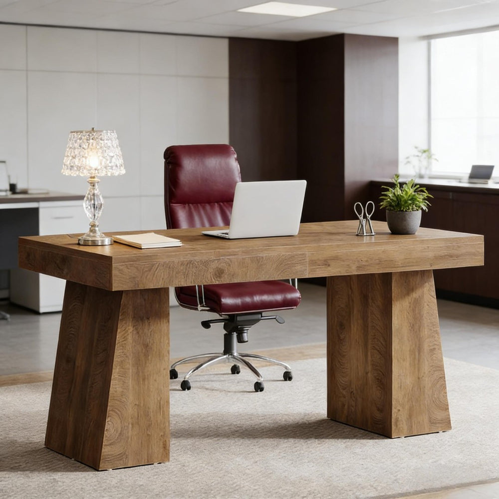 English Elm Writing Desk with Five Drawers Reversible Cabinet Home Office Vanity Workstation Light Brown T3971P452762