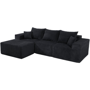 English Elm 4-Piece Modular L-Shaped Sectional Sofa with Corduroy Upholstery, Convertible Chaise, Pillows Included Black W3163S00038