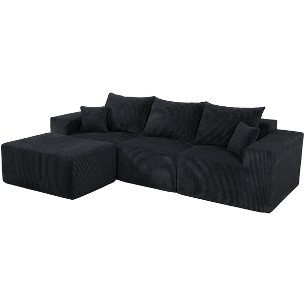 English Elm 4-Piece Modular L-Shaped Sectional Sofa with Corduroy Upholstery, Convertible Chaise, Pillows Included Black W3163S00038