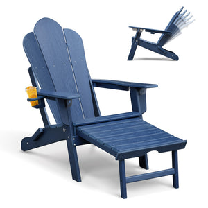 English Elm Folding Outdoor Hdpe Adirondack Chair with Retractable Ottoman for Deck or Patio Navy Blue W1889P450925
