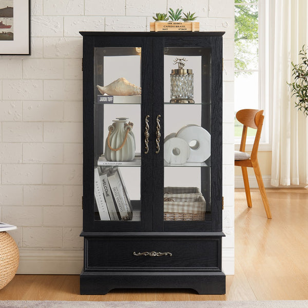 English Elm Lighted Curio Cabinet With Adjustable Shelves & Built-In Drawer - Elegant Display With Lighting, Black W1758P297549