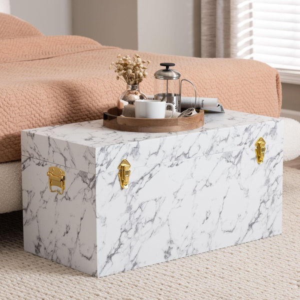 Baxton Studio Baxton Studio Brenta Faux Marble Lift-Top Storage Trunk - Elegant Organizer for Home Décor & Clutter JY24A208-White/Grey-Wooden-Ottoman