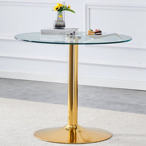 English Elm A Modern 35-Inch Tempered Glass Round Dining Table with Sleek Metal Legs, Minimalist Style for 4-6 }{@ Gold,Transparent W1151P263755
