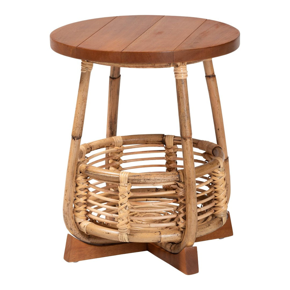 Baxton Studio bali Derenik Natural Rattan & Mahogany End Table - Boho Accent Piece with Woven Basket Storage Charm SVN312-S-Light Brown Rattan-ET