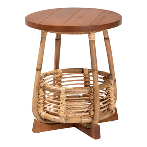 Baxton Studio bali Derenik Natural Rattan & Mahogany End Table - Boho Accent Piece with Woven Basket Storage Charm SVN312-S-Light Brown Rattan-ET