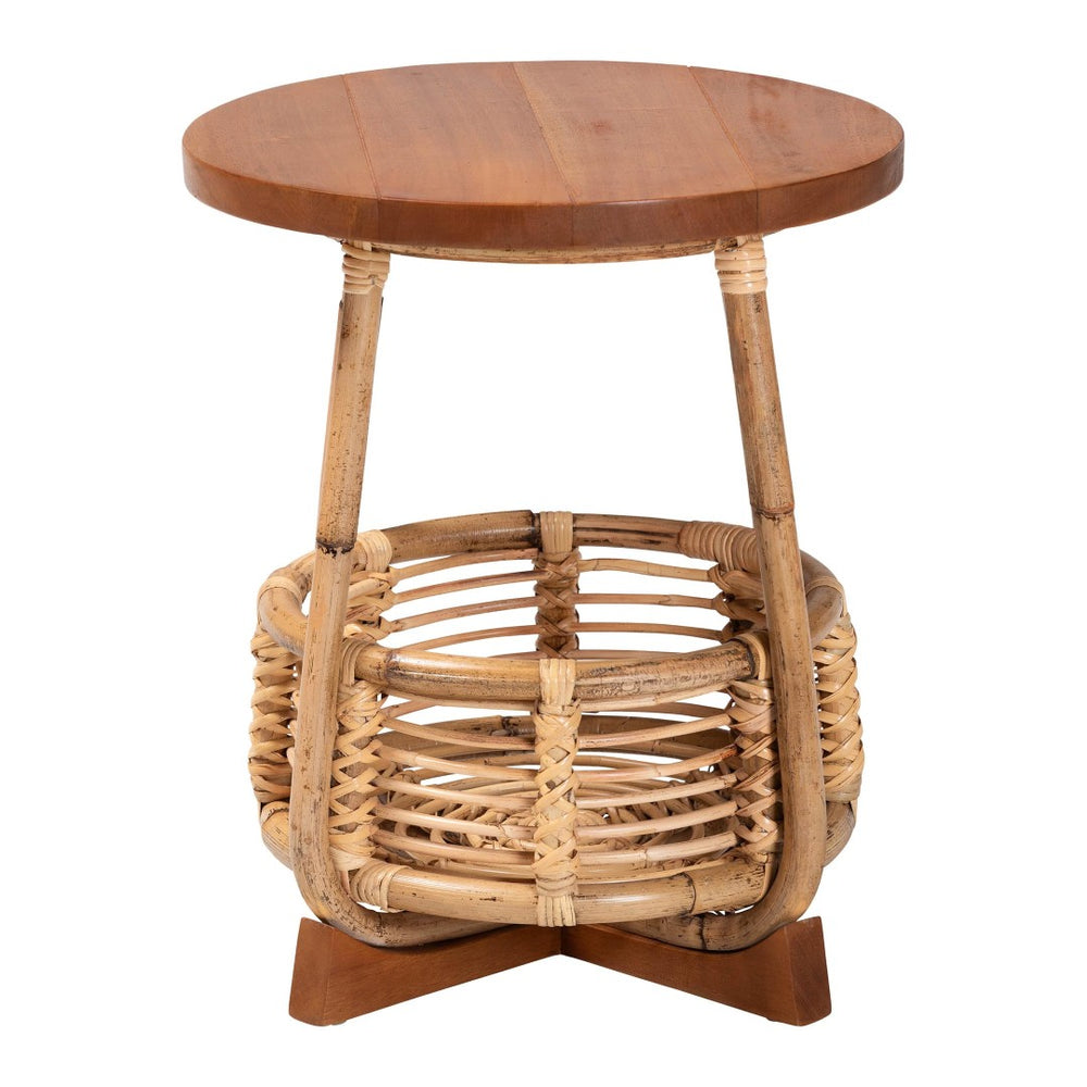 Baxton Studio bali Derenik Natural Rattan & Mahogany End Table - Boho Accent Piece with Woven Basket Storage Charm SVN312-S-Light Brown Rattan-ET