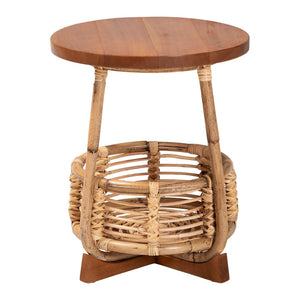 Baxton Studio bali Derenik Natural Rattan & Mahogany End Table - Boho Accent Piece with Woven Basket Storage Charm SVN312-S-Light Brown Rattan-ET
