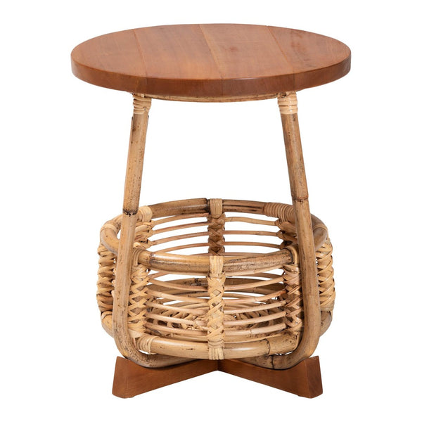 Baxton Studio bali Derenik Natural Rattan & Mahogany End Table - Boho Accent Piece with Woven Basket Storage Charm SVN312-S-Light Brown Rattan-ET