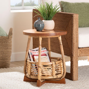 Baxton Studio bali Derenik Natural Rattan & Mahogany End Table - Boho Accent Piece with Woven Basket Storage Charm SVN312-S-Light Brown Rattan-ET