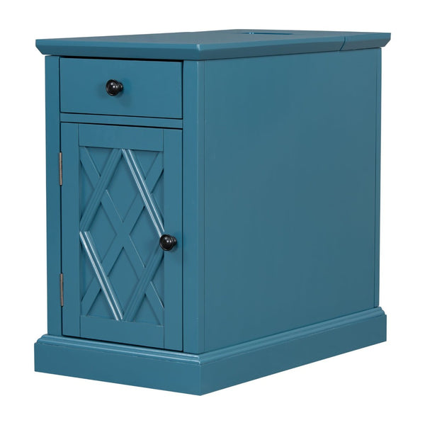 English Elm U-can Acacia Wood End Table with Usb Charging Station Drawer and Cabinet Storage Navy Blue N724P353565M