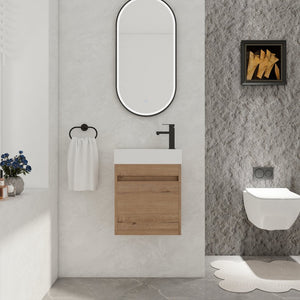 English Elm 18'' Floating Vanity with White Resin Sink, Soft-Close Door, Open Shelf Storage, Water-Resistant Finish W99936260