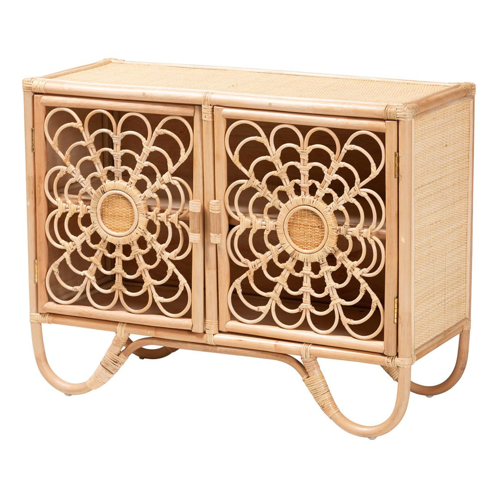 Baxton Studio bali Acelin Handcrafted Rattan Storage Cabinet - Boho Chic Console with Floral Doors for Stylish Living WS016-Large/Double Version-Natural-Rattan-Cabinet