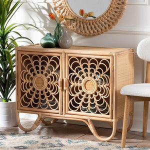 Baxton Studio bali Acelin Handcrafted Rattan Storage Cabinet - Boho Chic Console with Floral Doors for Stylish Living WS016-Large/Double Version-Natural-Rattan-Cabinet