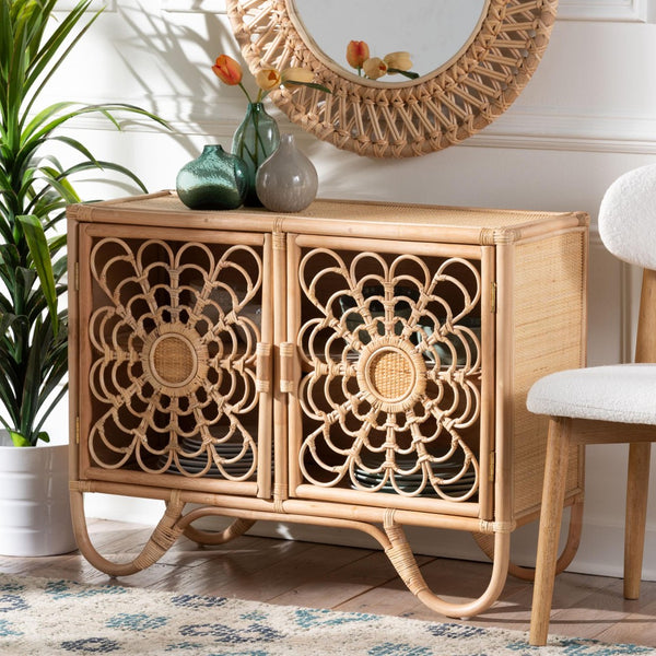 Baxton Studio bali Acelin Handcrafted Rattan Storage Cabinet - Boho Chic Console with Floral Doors for Stylish Living WS016-Large/Double Version-Natural-Rattan-Cabinet