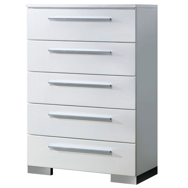 English Elm Contemporary Chic Five-Drawer Chest with Chrome Legs, High-Gloss Coating, Smooth Modern Design Glossy White 38 L x 21 W x 55 H B2741P367727