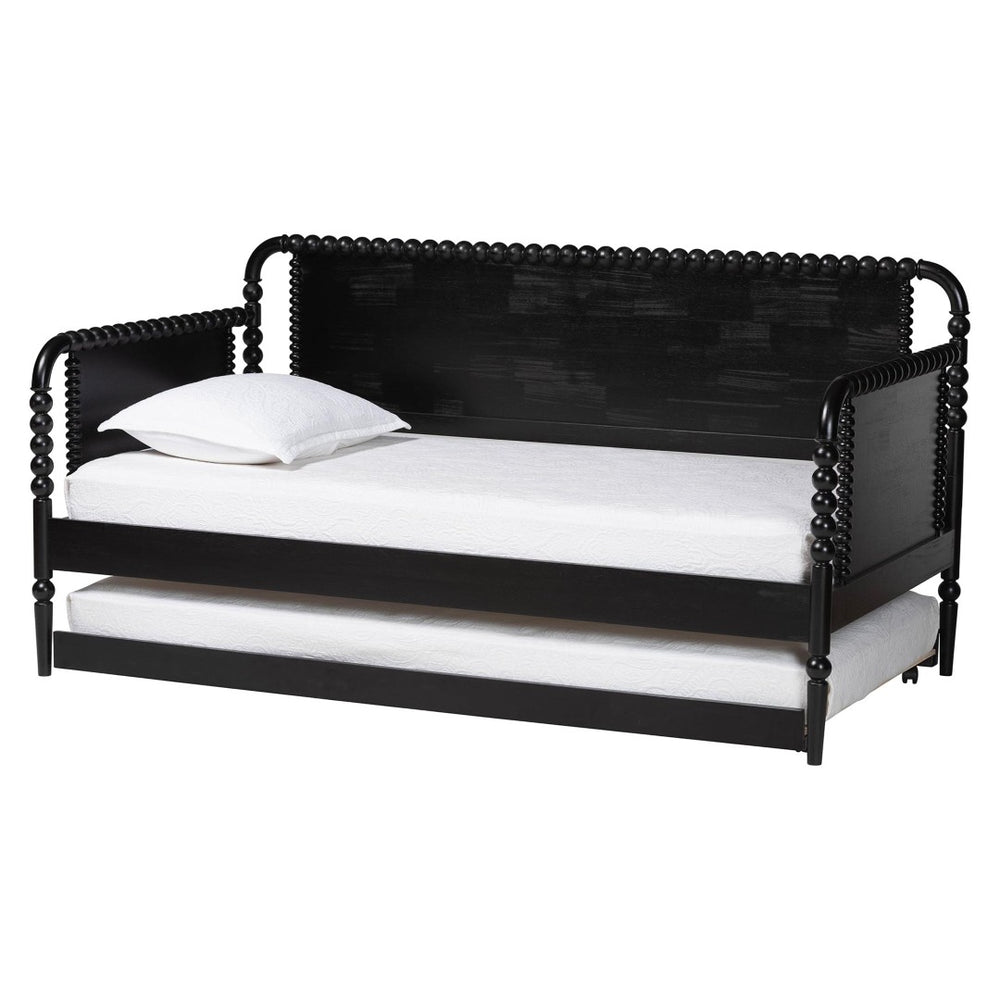 Baxton Studio Baxton Studio Lucera Bobbin Daybed with Rolling Trundle - Timeless Wooden Sofa Bed for Guests & Relaxation Black MG0110-4-Black-Daybed/T