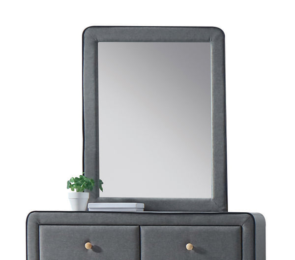 English Elm Valda Light Gray Fabric Mirror with Black Welt Trim — Modern Upholstered Frame, Sleek Bevel-Free Reflective Surface B2726P261220