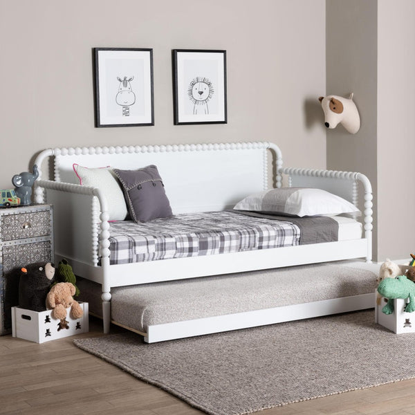 Baxton Studio Baxton Studio Lucera Bobbin Daybed with Rolling Trundle - Timeless Wooden Sofa Bed for Guests & Relaxation White MG0110-4-White-Daybed/T