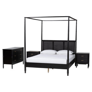 Baxton Studio Baxton Studio Marisela 4-Piece Bedroom Set - Modern Canopy Bed with Rattan Headboard & Dresser Queen Jabari-Black-Queen 4PC Bedroom Set
