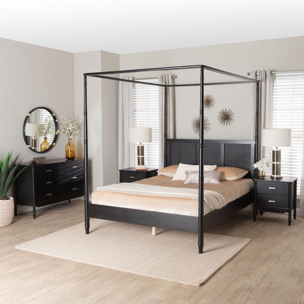 Baxton Studio Baxton Studio Marisela 4-Piece Bedroom Set - Modern Canopy Bed with Rattan Headboard & Dresser Queen Jabari-Black-Queen 4PC Bedroom Set