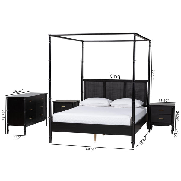 Baxton Studio Baxton Studio Marisela 4-Piece Bedroom Set - Modern Canopy Bed with Rattan Headboard & Dresser Queen Jabari-Black-Queen 4PC Bedroom Set
