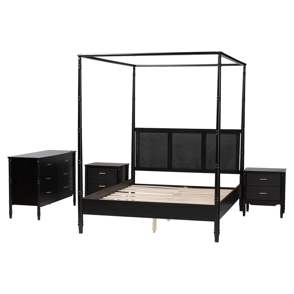 Baxton Studio Baxton Studio Marisela 4-Piece Bedroom Set - Modern Canopy Bed with Rattan Headboard & Dresser Queen Jabari-Black-Queen 4PC Bedroom Set