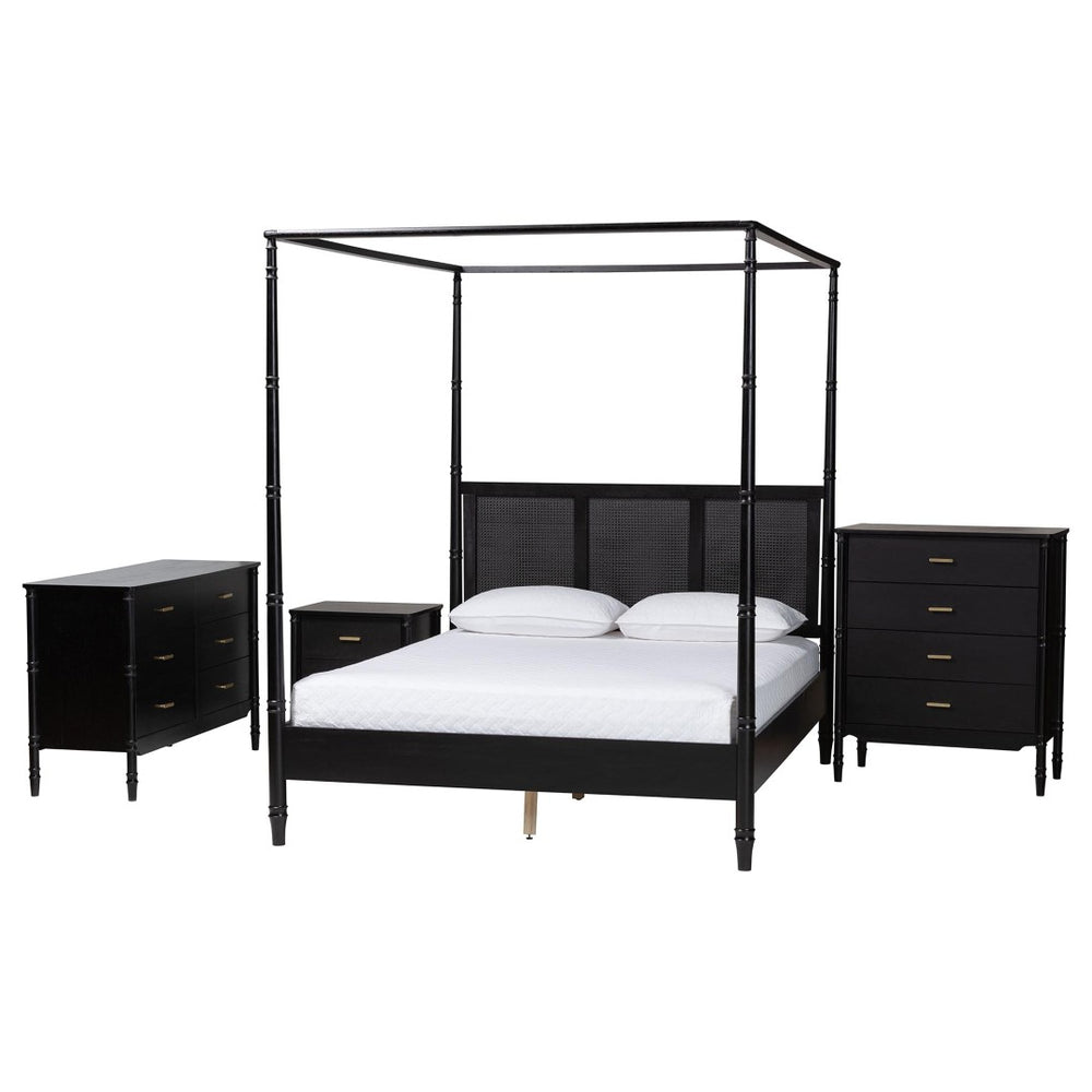 Baxton Studio Baxton Studio Marisela 4-Piece Bedroom Set - Elegant Canopy Bed, Rattan Headboard & Modern Furniture Queen Abeni-Black-Queen 4PC Bedroom Set