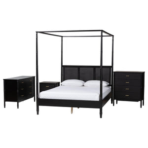 Baxton Studio Baxton Studio Marisela 4-Piece Bedroom Set - Elegant Canopy Bed, Rattan Headboard & Modern Furniture Queen Abeni-Black-Queen 4PC Bedroom Set