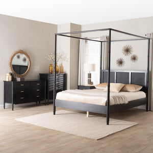 Baxton Studio Baxton Studio Marisela 4-Piece Bedroom Set - Elegant Canopy Bed, Rattan Headboard & Modern Furniture Queen Abeni-Black-Queen 4PC Bedroom Set