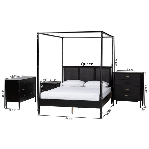 Baxton Studio Baxton Studio Marisela 4-Piece Bedroom Set - Elegant Canopy Bed, Rattan Headboard & Modern Furniture Queen Abeni-Black-Queen 4PC Bedroom Set