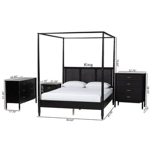 Baxton Studio Baxton Studio Marisela 4-Piece Bedroom Set - Elegant Canopy Bed, Rattan Headboard & Modern Furniture Queen Abeni-Black-Queen 4PC Bedroom Set