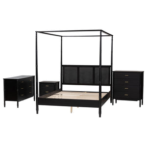 Baxton Studio Baxton Studio Marisela 4-Piece Bedroom Set - Elegant Canopy Bed, Rattan Headboard & Modern Furniture Queen Abeni-Black-Queen 4PC Bedroom Set