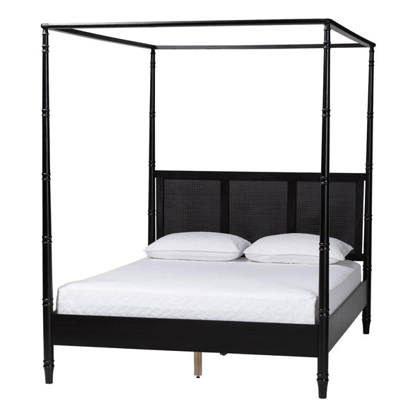 Baxton Studio Baxton Studio Marisela 4-Piece Bedroom Set - Elegant Canopy Bed, Rattan Headboard & Modern Furniture Queen Abeni-Black-Queen 4PC Bedroom Set