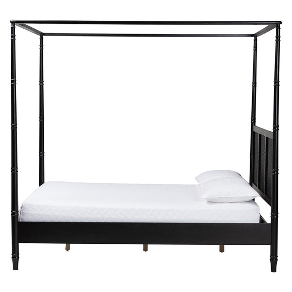 Baxton Studio Baxton Studio Marisela Canopy Bed - Elegant Black Wood Frame with Rattan Headboard for Modern Bedrooms Queen MG0246-2-Black-Queen-Canopy Bed