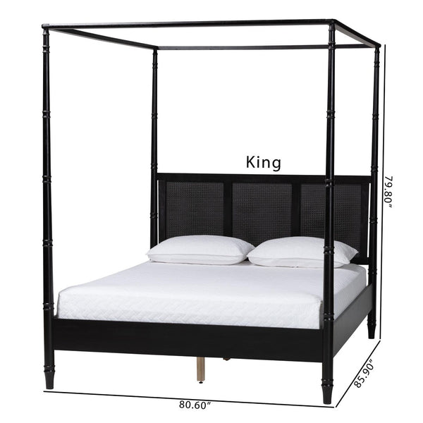Baxton Studio Baxton Studio Marisela Canopy Bed - Elegant Black Wood Frame with Rattan Headboard for Modern Bedrooms Queen MG0246-2-Black-Queen-Canopy Bed