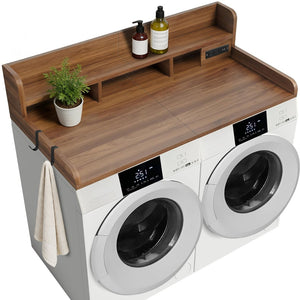 English Elm 2-tier Walnut Laundry Topper with Built-in Power Outlet Folding Surface and Storage W2641P446839