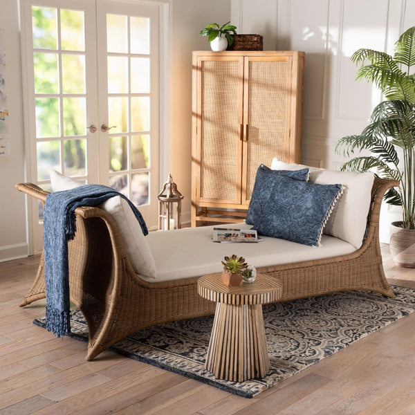 Baxton Studio bali Kalisha Natural Rattan Daybed with Cushions - Handcrafted Coastal Boho Indoor Lounge Sofa Kalisha-Grey/Rattan-Daybed