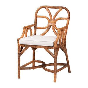 Baxton Studio bali Alondra Handwoven Rattan Dining Chair - Coastal Boho Accent Chair with Removable Cushion, Ready to Use Alondra-Light Honey/Rattan-Arm-Cushion-DC