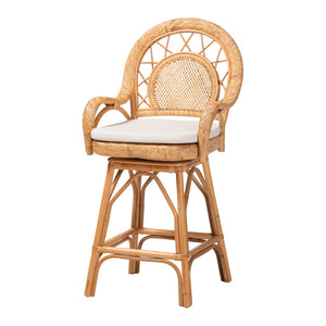 Baxton Studio bali Adam Handwoven Rattan Swivel Counter Stool with Cushion - Coastal Chic Bar Chair for Kitchen Use Adam-Light Honey/Rattan-Swivel-Cushion-CS