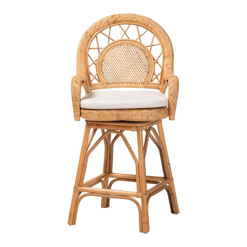 Baxton Studio bali Adam Handwoven Rattan Swivel Counter Stool with Cushion - Coastal Chic Bar Chair for Kitchen Use Adam-Light Honey/Rattan-Swivel-Cushion-CS