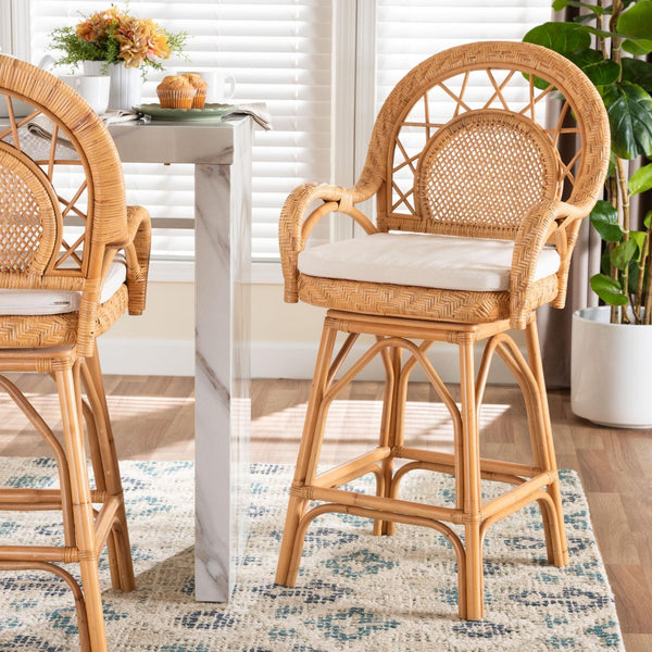 Baxton Studio bali Adam Handwoven Rattan Swivel Counter Stool with Cushion - Coastal Chic Bar Chair for Kitchen Use Adam-Light Honey/Rattan-Swivel-Cushion-CS