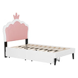 English Elm Twin Size Upholstered Princess Bed With Crown Headboard and 2 Drawers,Twin Size Platform Bed With Headboard and Footboard, Pink+White