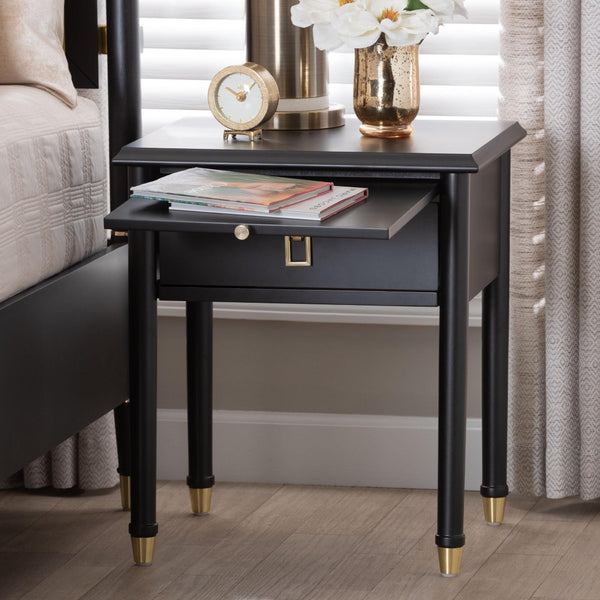 Baxton Studio Baxton Studio Tamra Black Wood Nightstand - Chic Modern Bedside Table with Pullout Shelf & Accents SW8000-90NS-Black-Nightstand
