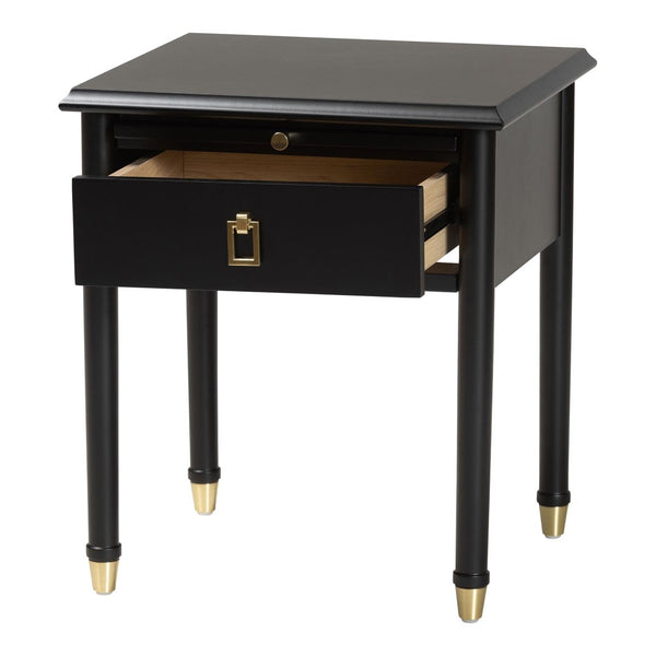 Baxton Studio Baxton Studio Tamra Black Wood Nightstand - Chic Modern Bedside Table with Pullout Shelf & Accents SW8000-90NS-Black-Nightstand